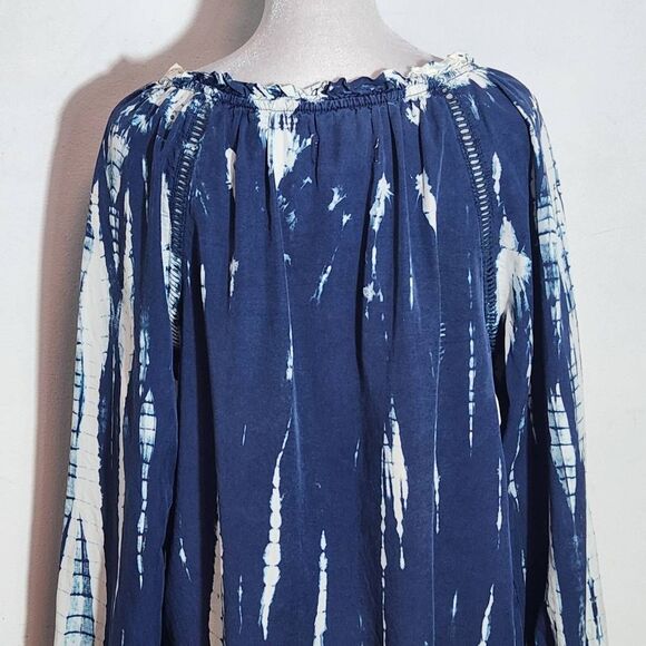 Knox Rose Navy Boho Peasant Blouse Size Medium Navy and White Dyed Top - Picture 7 of 10